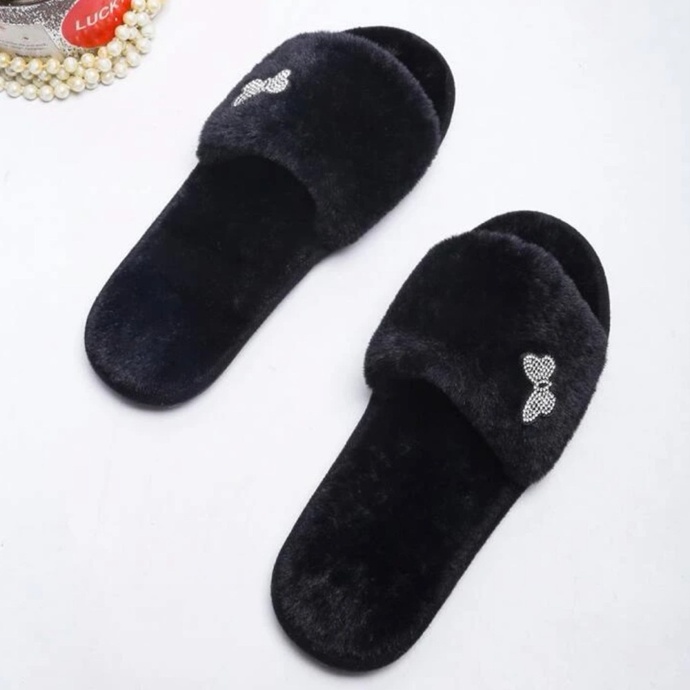 Rhinestone Decor Fluffy Slippers Black
